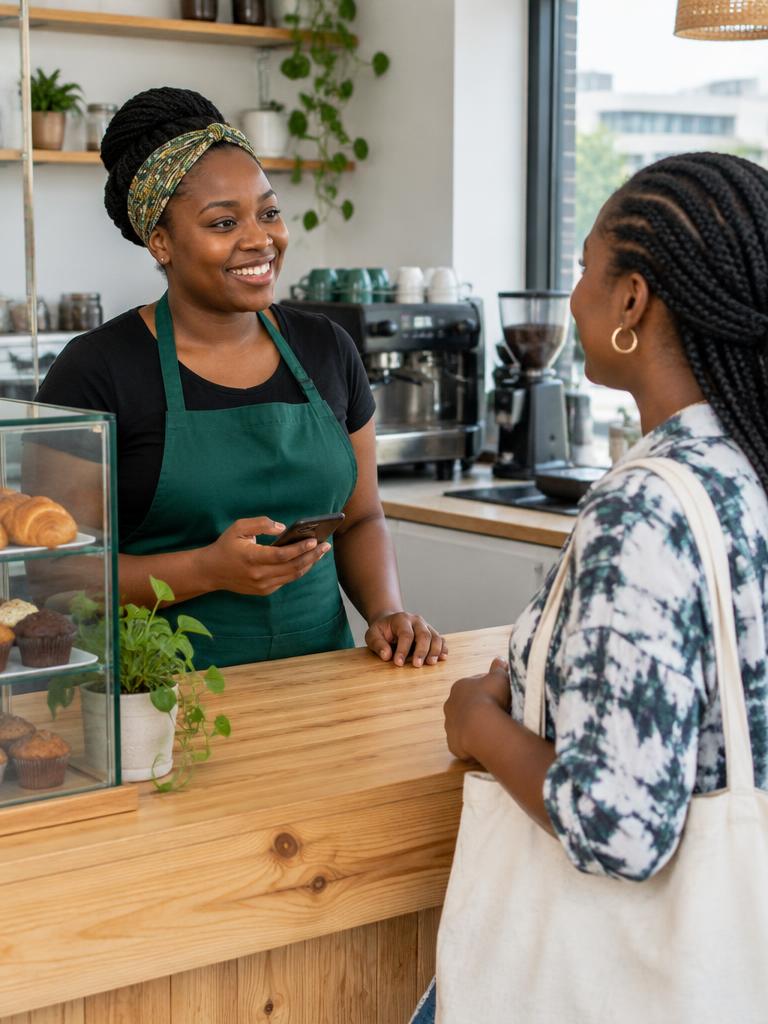 A café owner speaking with a customer across the counter