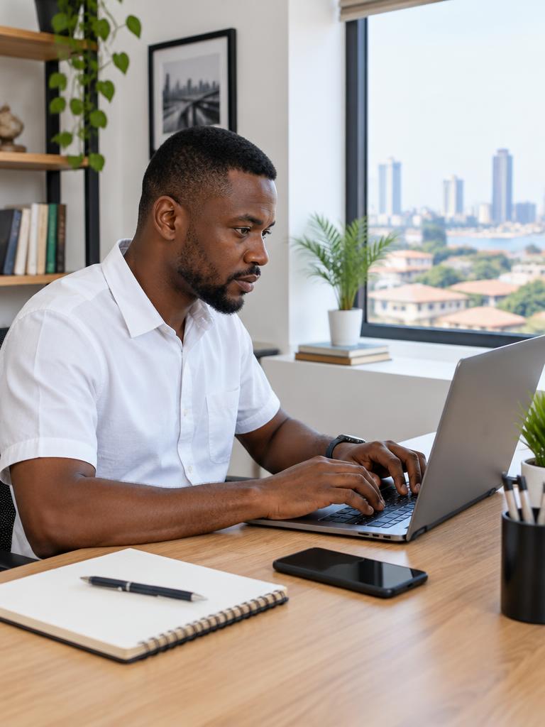 A freelancer working at a laptop with a notebook and phone