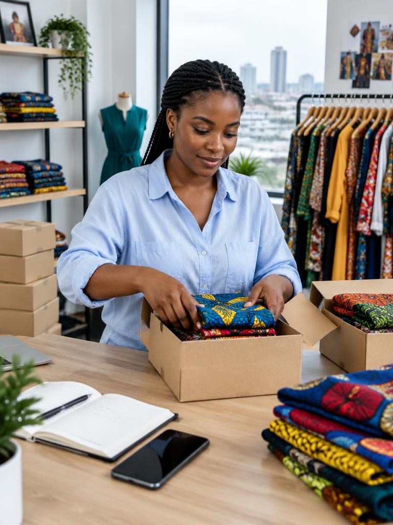 A fashion retailer packing clothing orders in a bright studio