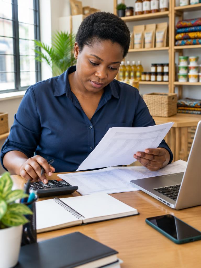 A shop owner reviewing records with a calculator